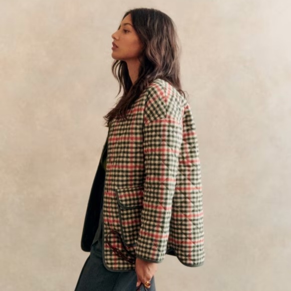 Sezane Plaid Quilted Jacket - Olive, Rust Orange, Cream - Picture 8 of 8